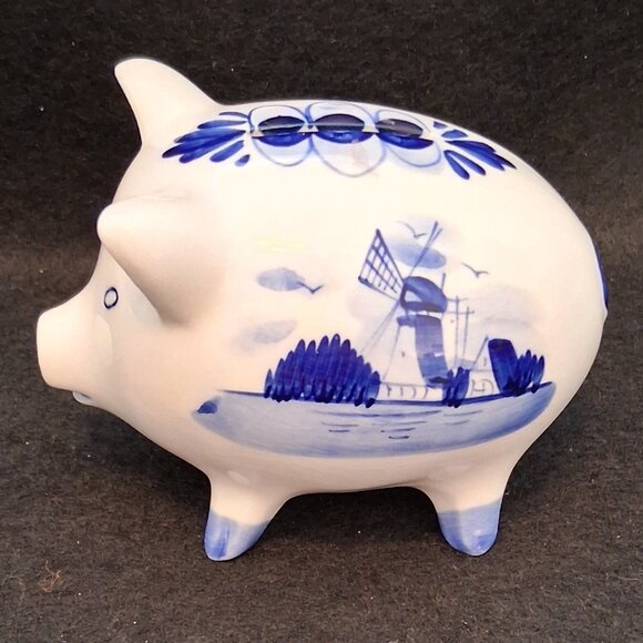 Vintage Hand Painted Delfts Blue Pottery Piggy Bank/Dutch Windmill Design/w+Cork - Picture 2 of 9
